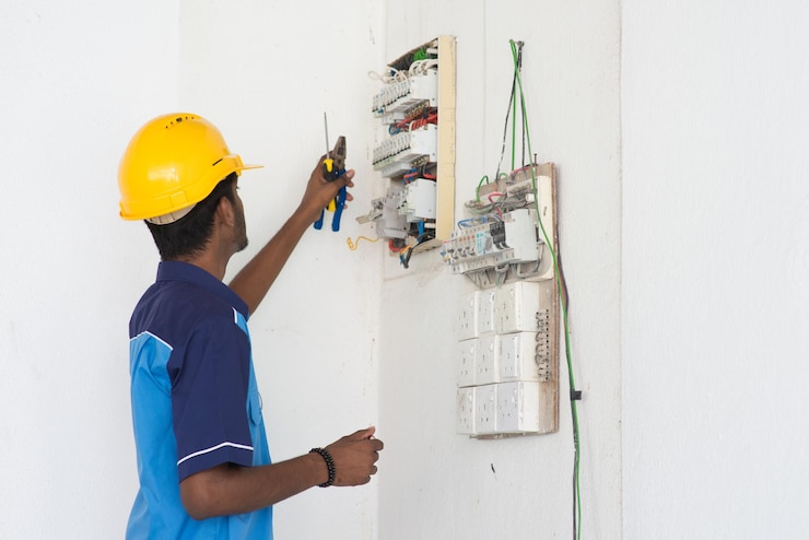 Photo un jeune homme répare un panneau électrique sur le mur.