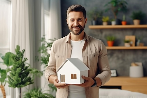 Un jeune homme rêve d'acheter une nouvelle maison Modèle de la future maison La joie d'acheter une propriété Hypothèque Location de propriété Concept publicitaire d'agence immobilière de logement abordable