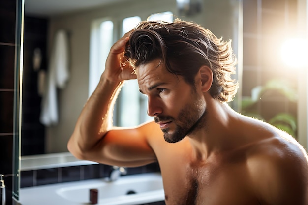 Un jeune homme sans chemise se regarde dans le miroir, touche ses cheveux, se sent préoccupé par le recul des cheveux secs et ternes.