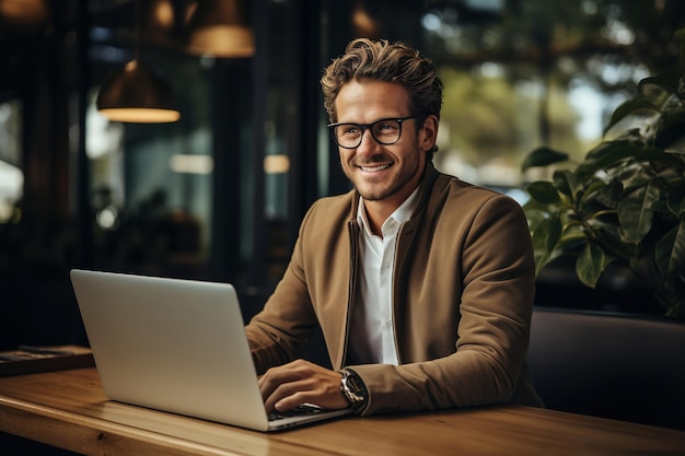 Jeune homme satisfait avec des lunettes assis à un bureau et faisant de la paperasse sur son lieu de travail
