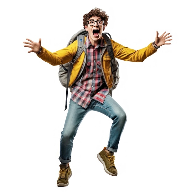 Un jeune homme sautant en l'air avec un sac à dos et des lunettes.