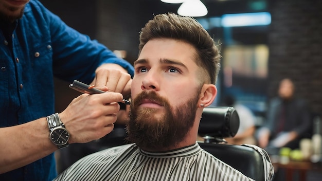 Un jeune homme se coiffe la barbe au barbier.