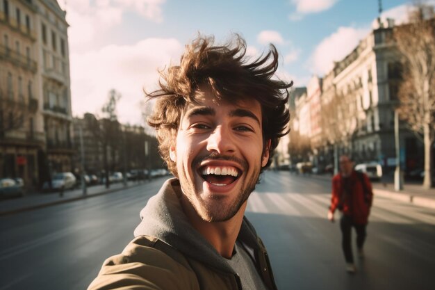 Un jeune homme se fait un selfie dans la rue.