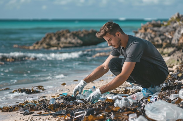Un jeune homme se porte volontaire pour nettoyer les ordures sur la plage.