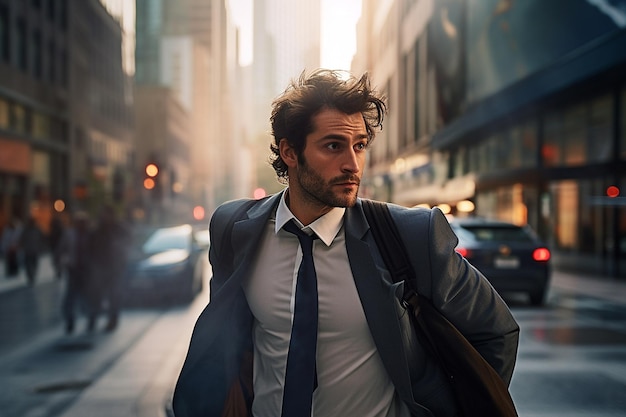 Jeune homme se précipitant pour travailler dans le contexte d'un paysage urbain