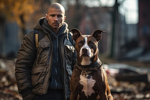 Un jeune homme se promène dans la ville avec un Staffordshire Terrier