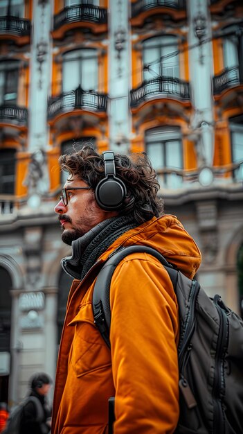 Un jeune homme se promène dans la ville avec une veste jaune et des écouteurs écoutant de la musique.
