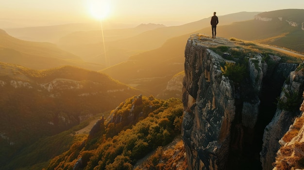 Un jeune homme se tient au sommet d'une falaise dans les montagnes d'été au coucher du soleil et profite de la vue sur la nature