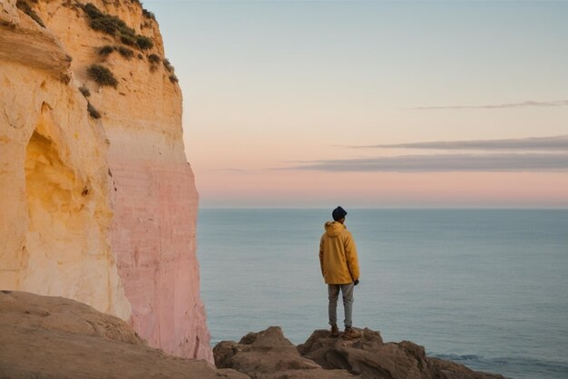 Un jeune homme se tient sur le bord et regarde le coucher de soleil