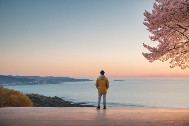 Photo un jeune homme se tient sur le bord et regarde le coucher de soleil