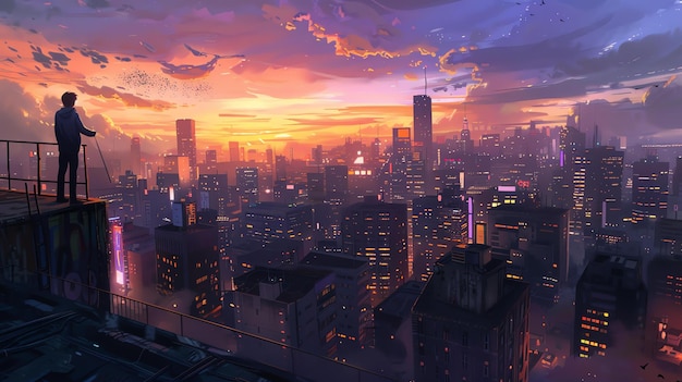 Un jeune homme se tient sur un toit surplombant une ville au coucher du soleil