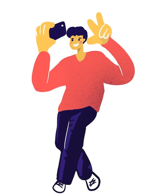 Jeune homme selfie Character design Isoler sur fond blanc