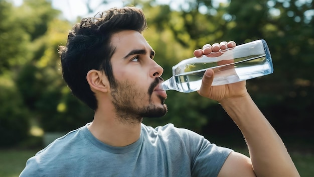 Photo un jeune homme soif et déshydraté boit de l'eau pour étancher sa soif. vue rapprochée