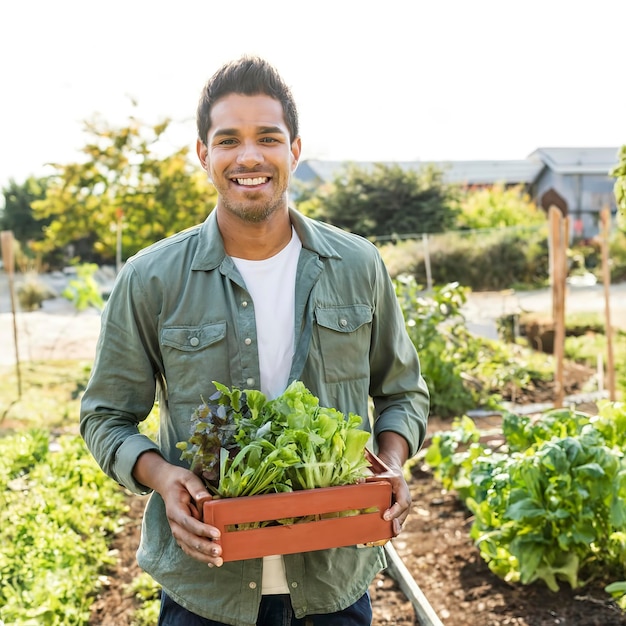 Le jeune homme et son jardin de salades Et son sourire heureux