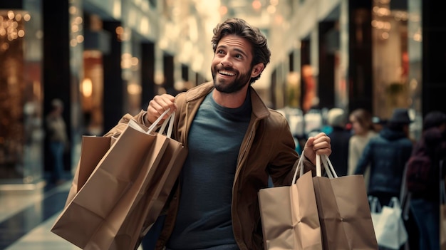 Jeune homme sorti avec des sacs à provisions