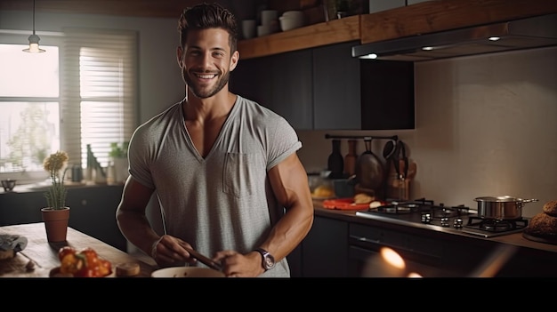 Un jeune homme souriant et beau cuisinant dans la cuisine.