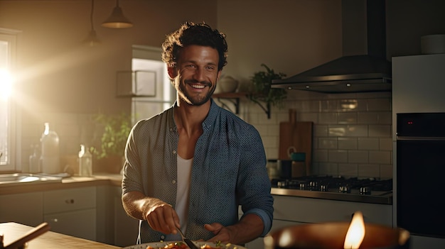 Un jeune homme souriant et beau cuisinant dans la cuisine.