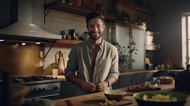 Un jeune homme souriant et beau cuisinant dans la cuisine.