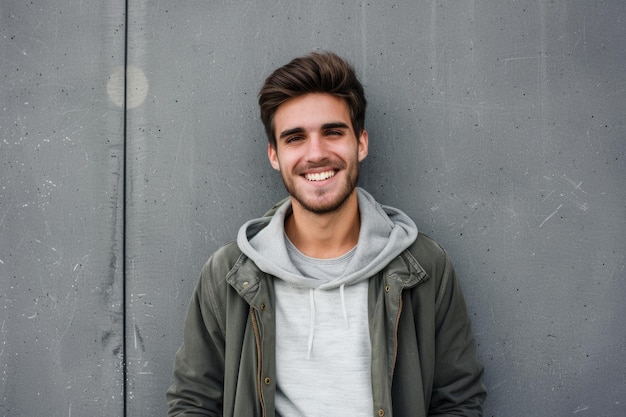 Un jeune homme souriant avec confiance contre le mur gris.