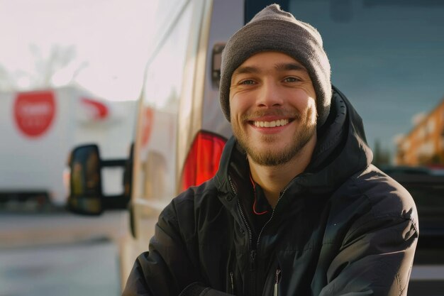 Un jeune homme souriant, courrier de livraison postale, devant un fourgon de fret qui livre un colis.