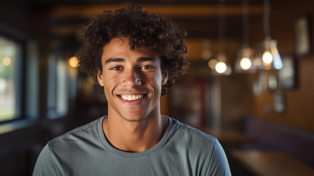 Un jeune homme souriant avec des dents propres.