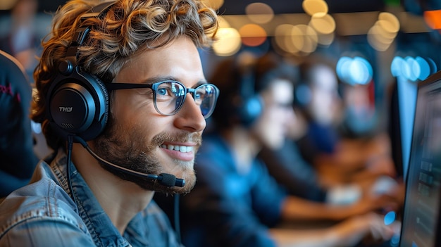 Un jeune homme souriant avec des écouteurs jouant à des jeux vidéo dans un environnement de jeu vibrant présentant mo