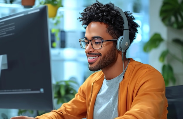 Un jeune homme souriant avec des écouteurs utilisant un ordinateur dans un bureau moderne