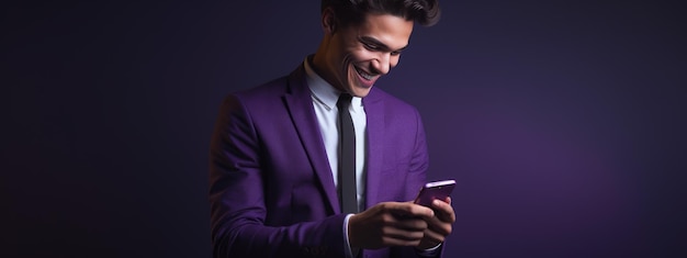 Un jeune homme souriant et heureux utilisant son téléphone sur un fond coloré