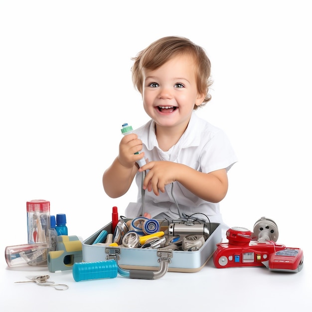 Jeune homme souriant avec des jouets sur un fond blanc JPEG Generative Ai