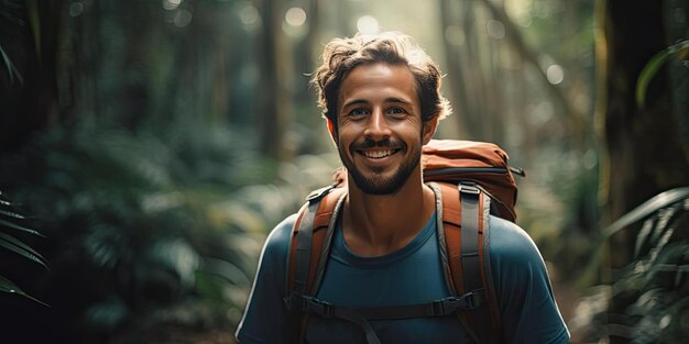 un jeune homme souriant lors d'une randonnée dans la jungle dans le style de l'exploration de l'identité