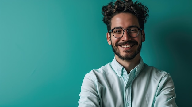 Jeune homme souriant avec des lunettes sur fond bleu sarcelle