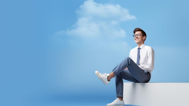 Un jeune homme souriant sur le nuage.