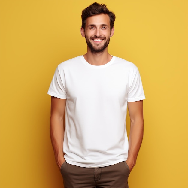 Jeune homme souriant et portant une maquette de chemise blanche en toile bella sur fond jaune T-shirt design