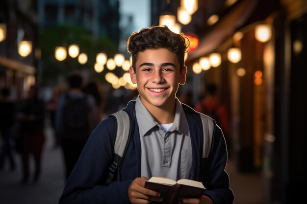 Jeune homme souriant tenant un livre