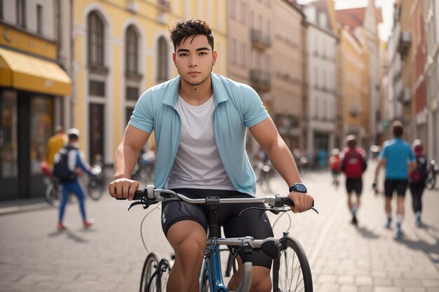 Jeune homme sportif à vélo dans une ville européenne sportif dans un environnement urbain