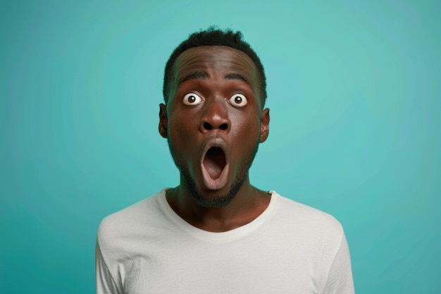 Un jeune homme surpris avec la bouche ouverte sur un fond bleu turquoise dans un portrait