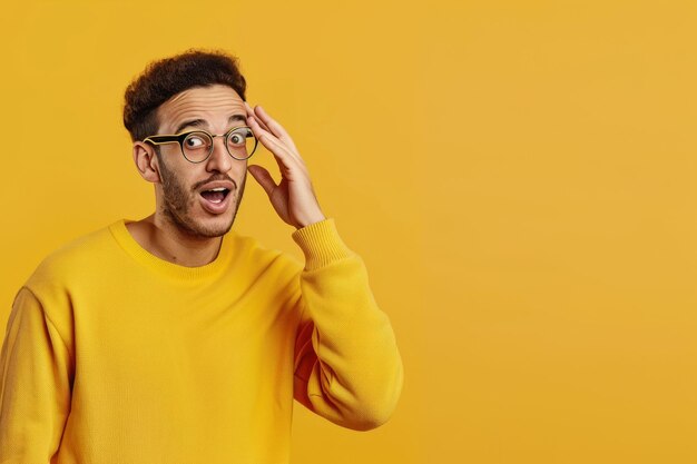 Un jeune homme surpris dans un pull jaune exprimant son étonnement sur un fond orange vibrant