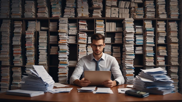 Photo un jeune homme à une table remplie de divers formulaires de papier, de lettres, de cv et de documents