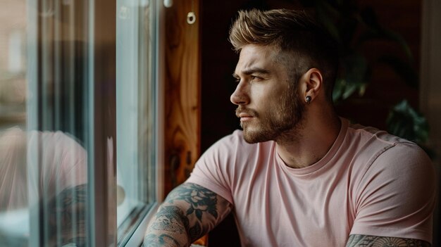 Un jeune homme avec des tatouages sur les bras regarde par la fenêtre.