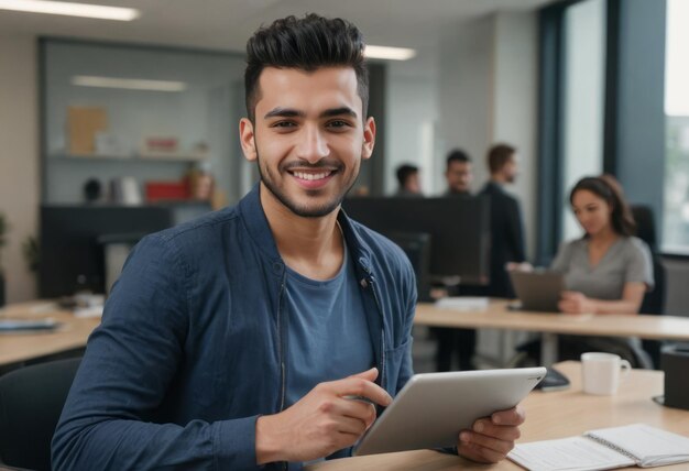 Un jeune homme en tenue d'affaires sourit tout en tenant une tablette dans un bureau