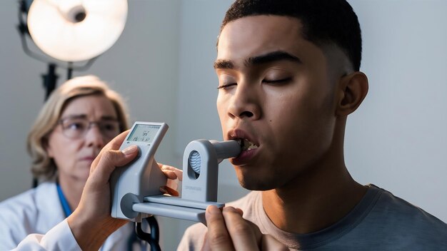 Photo jeune homme testant la fonction respiratoire par spirométrie