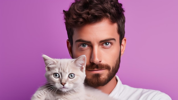 Jeune homme tient un chaton dans ses bras sur fond violet