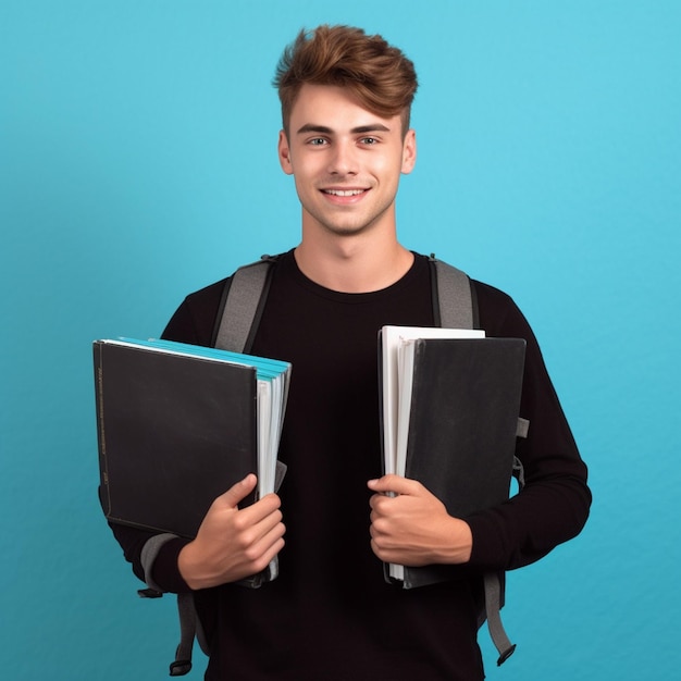 Un jeune homme tient des livres et porte un sac à dos.