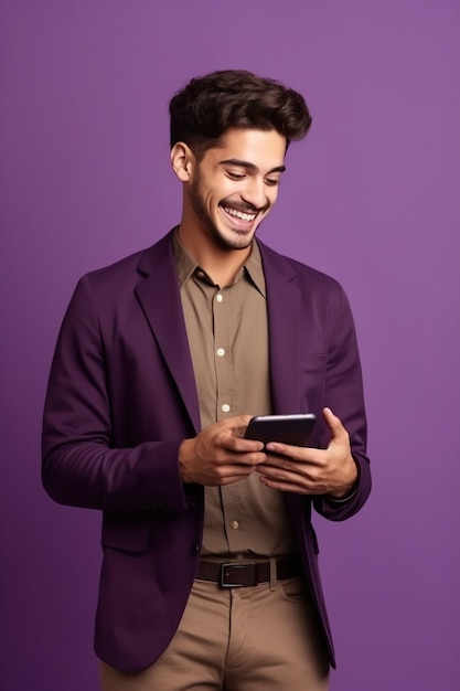 Un jeune homme tient un téléphone portable étonné les ventes tiennent l'appareil portent une tenue tendance isolée sur fond de couleur