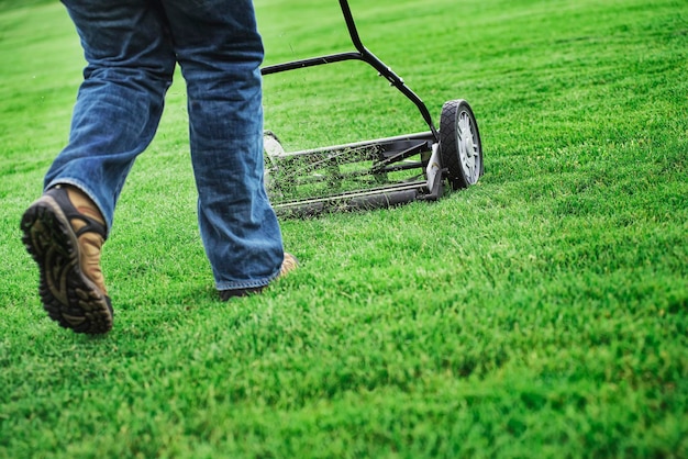 Un jeune homme tond l'herbe sur une propriété qui s'occupe du jardin à l'aide d'une tondeuse à essence