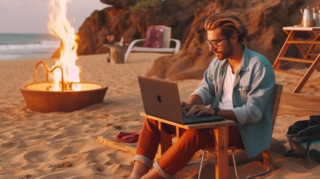 Jeune homme travaillant comme nomade numérique sur la plage avec Generative Ai