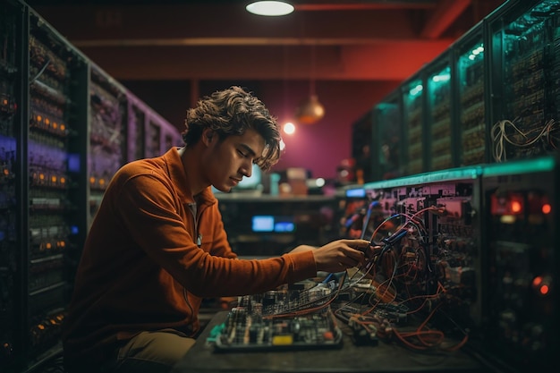 Jeune homme travaillant sur un commutateur ethernet