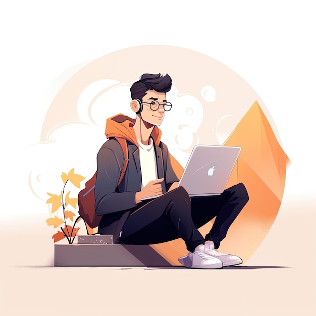 Jeune homme travaillant sur un ordinateur portable dans le parc Illustration vectorielle dans le style de dessin animé