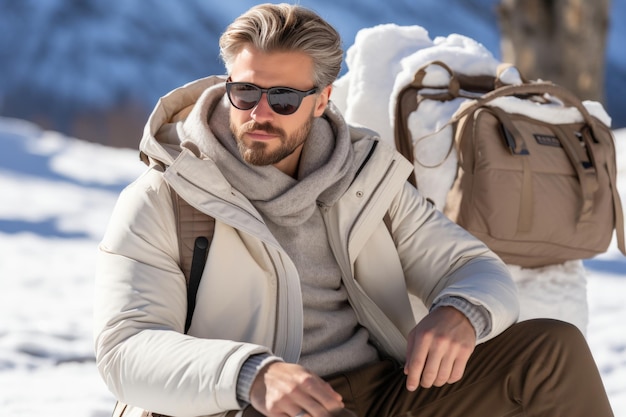 Un jeune homme travaillant sur un ordinateur portable avec une vue imprenable sur la montagne enneigée pendant un voyage d'été aventureux