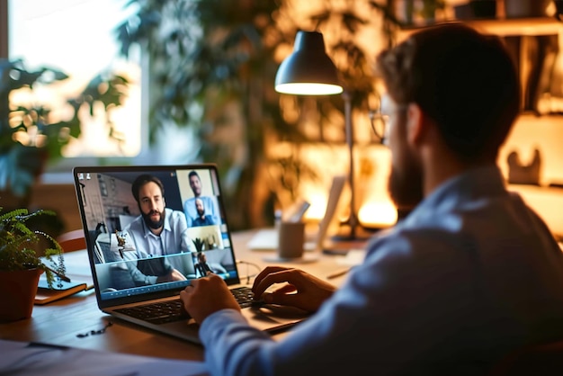 Un jeune homme travaille à distance à domicile devant un écran d'ordinateur portable multi-fenêtres avec des appels vidéo